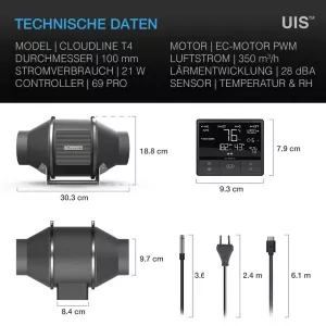 CLOUDLINE PRO T4, leises Inline-Lüftersystem mit Temperatur- und Feuchtigkeitssteuerung, 100 mm