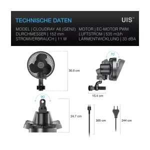 CLOUDRAY S6, GEN 2, Growzelt-Clip-Ventilator 150 mm, EC-Motor, automatische Oszillation, 10-stufigen dynamischen Windmodi und Lü